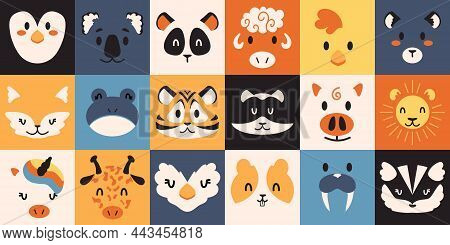 Animal Portraits. Wild And Domestic Creature Avatars. Minimalistic Penguin, Toad And Panda Heads. Ko