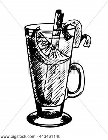Hot Toddy Cocktail. Hot Winter Drink. Christmas Food. Vector Sketch Illustration.