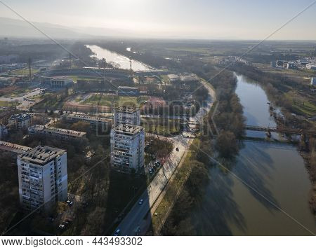 Amazing Aerial View Of Maritsa River And Panorama To City Of Plovdiv, Bulgaria