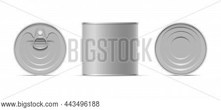 Metallic Can Package. Metal Tin Views, Top Cap Lid Front Bottom Cans View Set Isolated On White Back