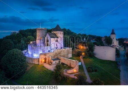 Aerial View Of Medieval Castle At Dusk In Bedzin, Poland