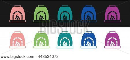 Set Blacksmith Oven Icon Isolated On Black And White Background. Vector