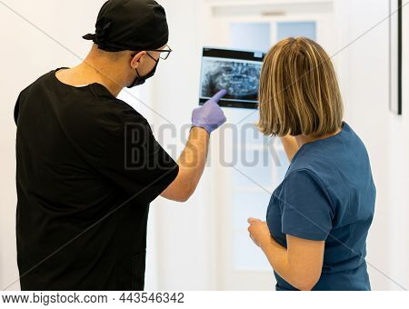Two Doctors Checking X-ray Image In Hospital, Quality Photo