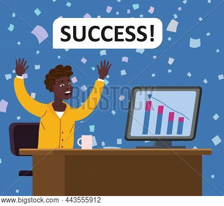 Businesswoman African Successfull Joiful Happy, Performance Graphs Growth Are On The Top Of Success.