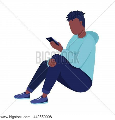 Young Boy Looking At Phone Semi Flat Color Vector Character. Sitting Figure. Full Body Person On Whi
