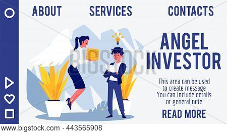 Angel Investor Brings Money To Entrepreneur Web Page, Flat Vector Illustration.