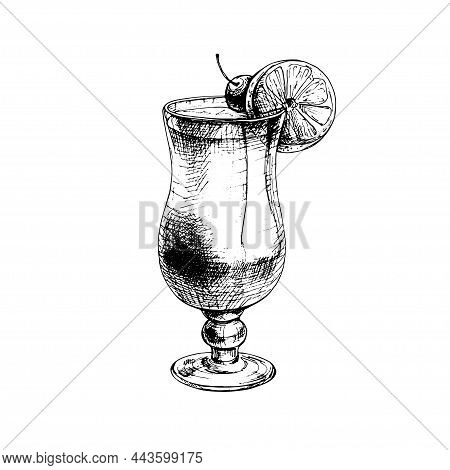 Tequila Sunrise Cocktai With Cherry And Slice Orange. Vector Vintage Hatching Black Illustration. Is