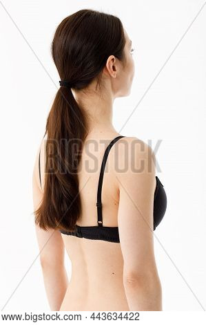 Model Tests. Snap Models Back View, Beautiful Brunette Woman In Underwear, Isolated On White.