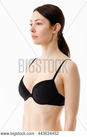 Model Tests. Snap Models Back View, Beautiful Brunette Woman In Underwear, Isolated On White.