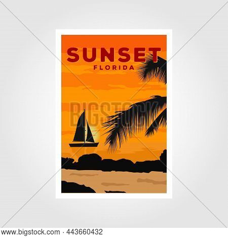 Vintage Style Travel Poster Or Sticker Florida United States, Key West Sunset And Palm Trees.