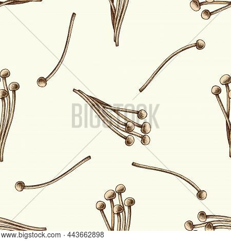 Seamless Pattern With Hand Drawn Colored Enoki Stock Illustration