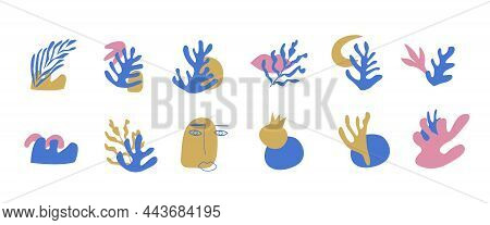Vector Composition With Abstract Shapes And Blue Algae. Matisse Inspired Design Of Corals Or Branche