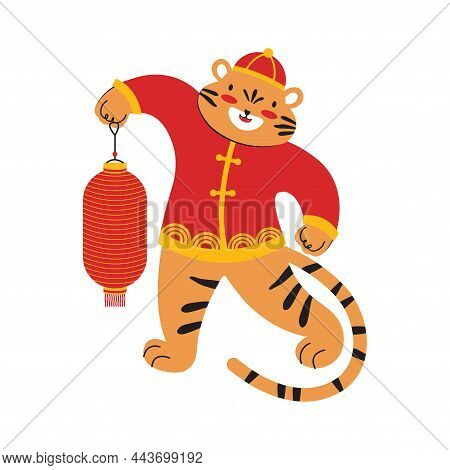 Chinese New Year Of The Tiger 2022. Cute Tiger Holds A Red Chinese Paper Lantern In His Paws For Cel