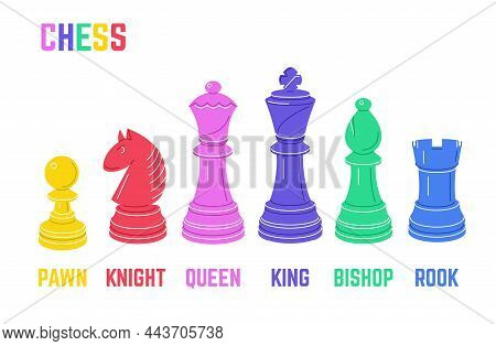 Colourful Chessmen Set. The King, Qwueen, Rook, Bishop And Pawn. Vector Illustration.