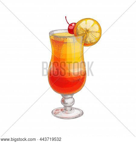 Tequila Sunrise Cocktai With Cherry And Slice Orange. Vector Vintage Hatching Color Illustration. Is