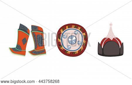Mongol Traditional Headdress, Boots And Shield Vector Set