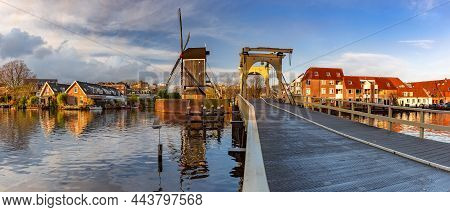 Panorama Of Leiden Canal Galgewater With De Put Windmill And Rembrandt Bridge, South Holland, Nether