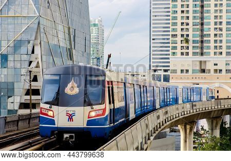 Bangkok-thailand Aug 19 2019: Bts Sky Train On Cityscape Background In Daytime , Sky Train Is A Mass