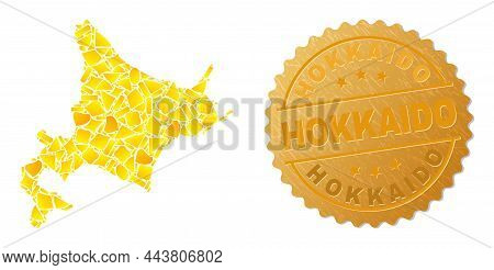 Golden Mosaic Of Yellow Parts For Hokkaido Map, And Golden Metallic Hokkaido Watermark. Hokkaido Map