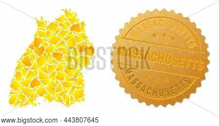 Golden Mosaic Of Yellow Parts For Baden-wurttemberg Land Map, And Golden Metallic Massachusetts Seal