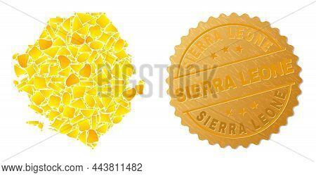 Golden Collage Of Yellow Parts For Sierra Leone Map, And Golden Metallic Sierra Leone Seal Print. Si