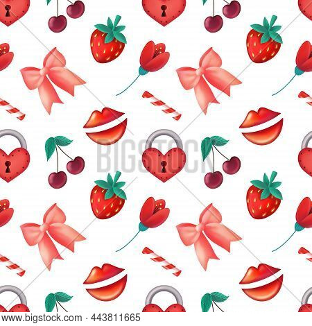 Seamless Pattern Of Lips Berries Flowers And Heart Shaped Lock On White Background For St Valentine 