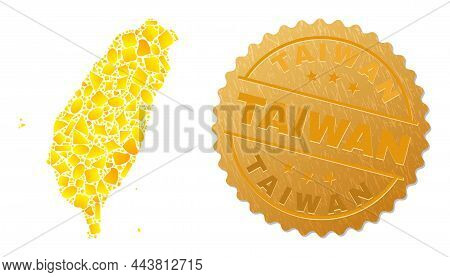 Golden Composition Of Yellow Parts For Taiwan Map, And Gold Metallic Taiwan Seal. Taiwan Map Composi