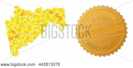 Golden Mosaic Of Yellow Items For Maharashtra State Map, And Golden Metallic French Polynesia Seal. 