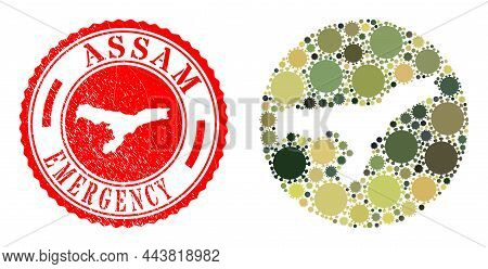 Vector Mosaic Assam State Map Of Flu Virus Elements And Grunge Emergency Stamp. Mosaic Geographic As