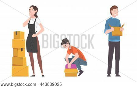 Young Man And Woman Carrying And Checking Cardboard Box Working With Parcels In Warehouse Vector Set