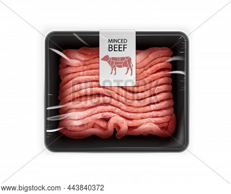 Raw Forcemeat Packaging In Plastic Serving Tray With Marking Minced Beef Realistic Mockup Vector Ill