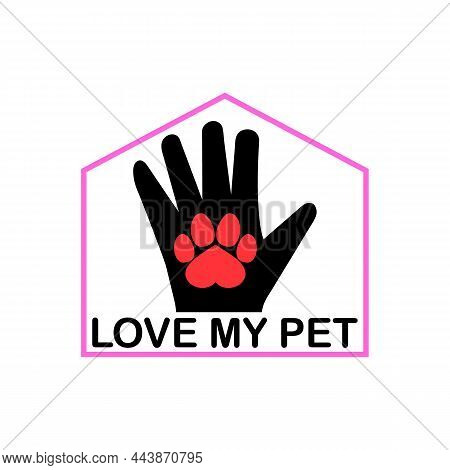 Love My Pet Logo With Dog Pawprint, Heart And Human Hand. Vector Clipart And Drawing. Design Templat