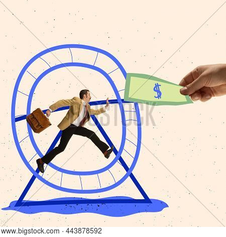 Contemporary Art Collage. Businessman Running In A Humster Wheel To Catch Money