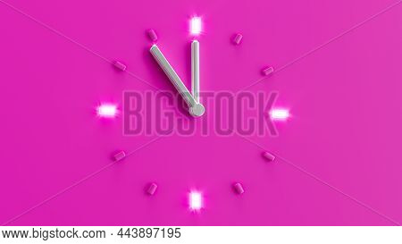 New Year Countdown Pink 3d Clock Time 5 Minutes To 12 O'clock. Pm Am 11:55 Silver Needle Backlit Dia