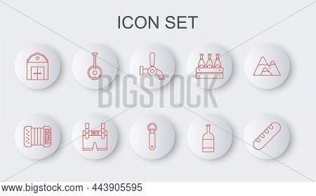 Set Line French Baguette Bread, Accordion, Beer Tap, Bottle, Farm House, Banjo, Lederhosen And Bottl