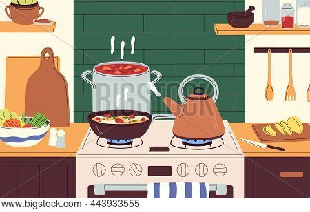 Cooking Pan, Pots And Tea Kettle On Gas Stove. Cook Process At Home Kitchen. Dishes Boiling And Stew