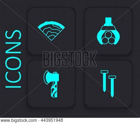 Set Metallic Nails, Wooden Beam, Grapple Crane Grabbed Log And Axe Icon. Black Square Button. Vector