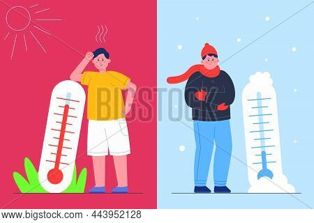 Person With Winter Cold, Summer Heat And Thermometer. Man Standing In Freeze And Snow Or Suffering F