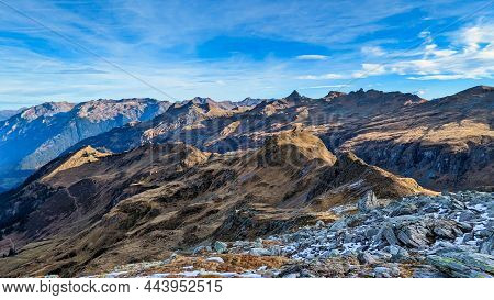 Beautiful Autumn Panorama In The Swiss Mountains. Elm In The Canton Of Glarus Near The Legerhutte. F