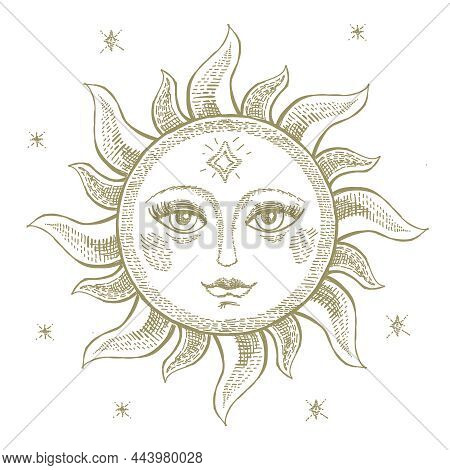 Sun Face Hand Drawing Engraving Style, Engaraving Sun Symbol With Opened Eyes Astrology Esoteric Vec