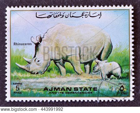 Ajman State - Circa 1972 : Cancelled Postage Stamp Printed By Ajman State, That Shows Rhino, Circa 1