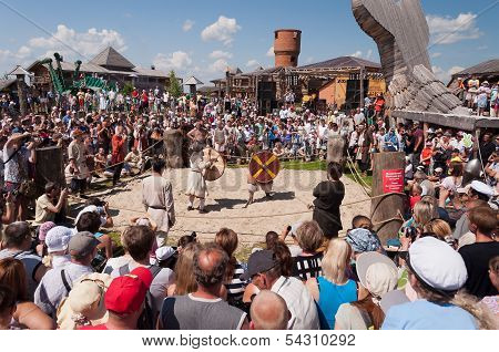 Medieval Fight At A Historical Reenactment Festival Held In Abalak, Siberia. Russia