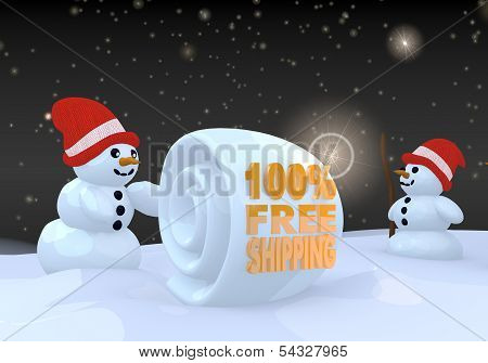 Two Snowman With 100 Percent Freeshipping Symbol
