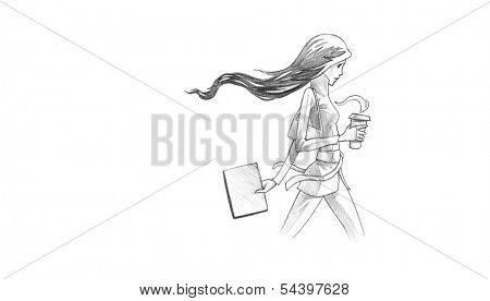 Hand-drawn Sketch, Pencil Illustration, Drawing of Young Woman With Her Coffee To Go | High Resolution Scan, Decent Copy Space