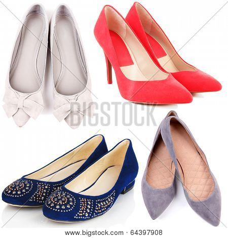 Collage of different shoes isolated on white