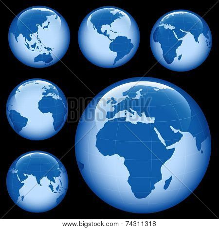 shiny planet earth map from six views; illustration