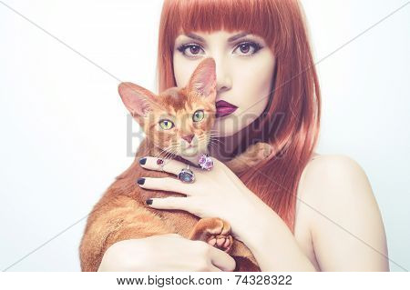 Beautiful Lady With Abyssinian Cat