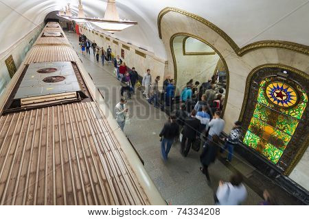MOSCOW, RUSSIA - 22.06.2015. metro station Novoslobodskaia  is great monument of the Soviet era.