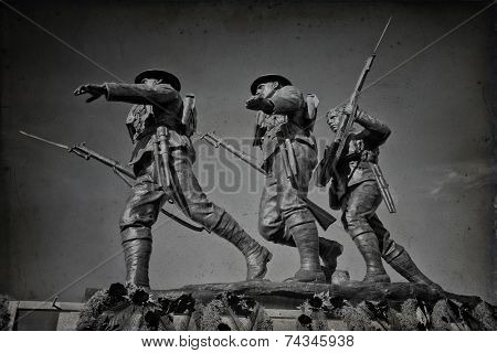 Gritty black and white image with texture of  the War memorial erected in Charlottetown, Prince Edward Island, Canada. 
