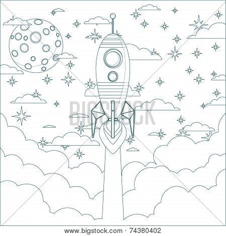 Cartoon Flying Rocket in the Sky.  Contour vector